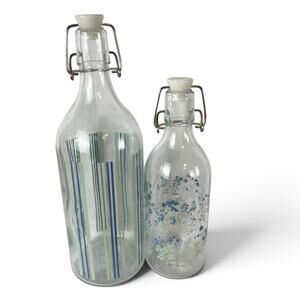 Set Of 2 Retired IKEA KORKEN Glass Bottles w/ Stopper Blue Green Floral Stripes